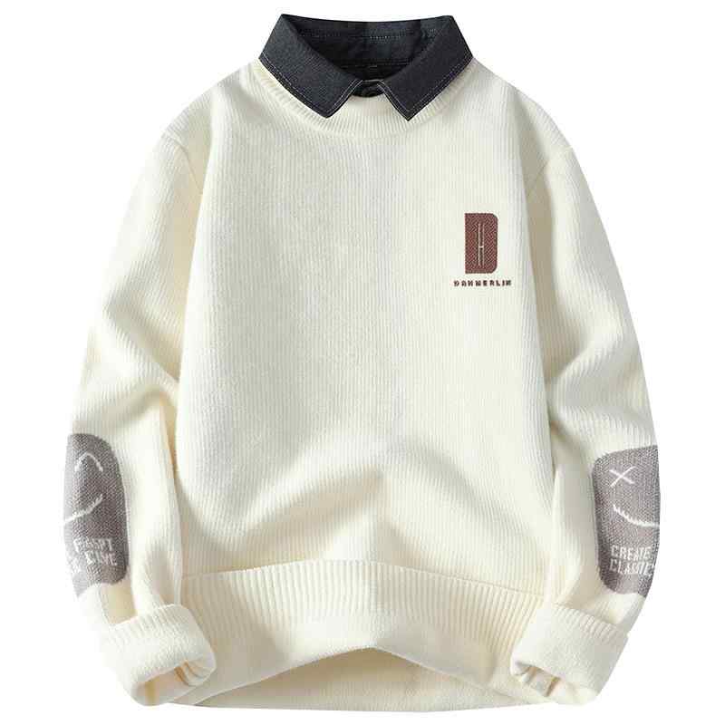 Knit Sweater - ニット メンズ フェイクレイヤード 秋冬 厚手 暖かい シャツ襟 トップス プルオーバー 配色 ポリエステル混紡 カジュアル ミディアム丈 オフホワイト ダークグレー カーキ