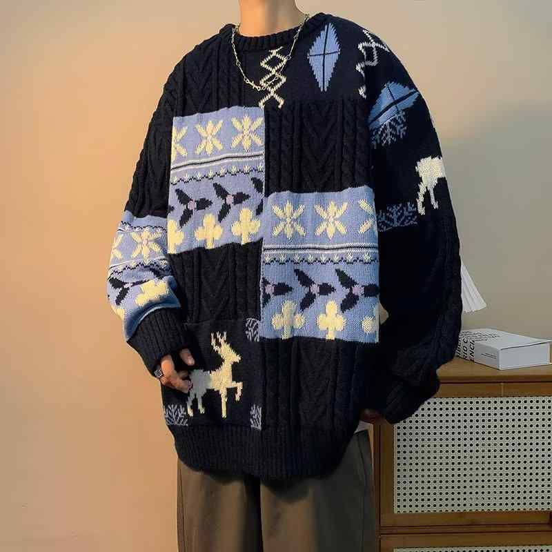 Knit Sweater - ニット メンズ 秋冬 切り替え セーター プルオーバー 厚手 ニットトップス 保温 防寒 青年 杏色 紺色 茶色 大きいサイズ