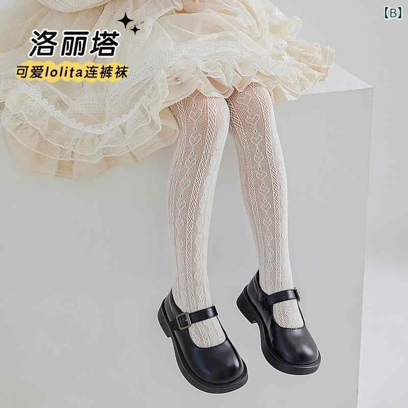 シャドーテールのキッズタイツ 春夏 ベビー 薄手 ロリータ風 レース メッシュ 女の子 子供服 スパッツ 綿 無地 70 80 90 100 110 120 130 140｜アングル3
