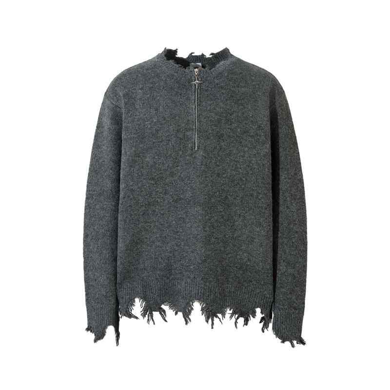 ニット メンズ ダメージ加工 プルオーバー ストリート オーバーサイズ ヒップホップ セーター 灰色 黒色 ポリエステル 秋冬