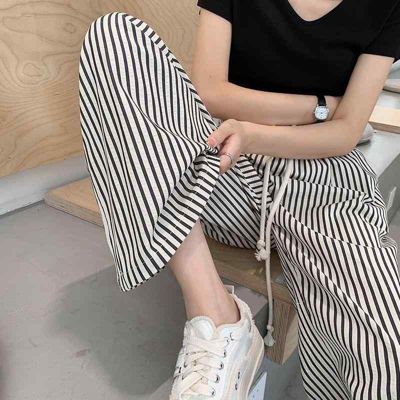 レディース ワイドパンツ ストライプ柄 夏用 クロップドパンツ 直筒パンツ ロングパンツ ゆったりシルエット コットン混 ポリエステル 素材 微弾性 松腰 ドローストリング 肌触り良い シンプル デザイン 気質 通勤 スタイル 都市風 かわいい 清新 黒