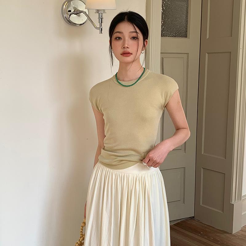 ニット・セーター レディース デザイン 接触冷感 天竺 半袖 トップス カットソー 接触冷感 無地 プルオーバー サマーニット 薄手 オフィス カジュアル 春夏 ブラック ネイビー ベージュ