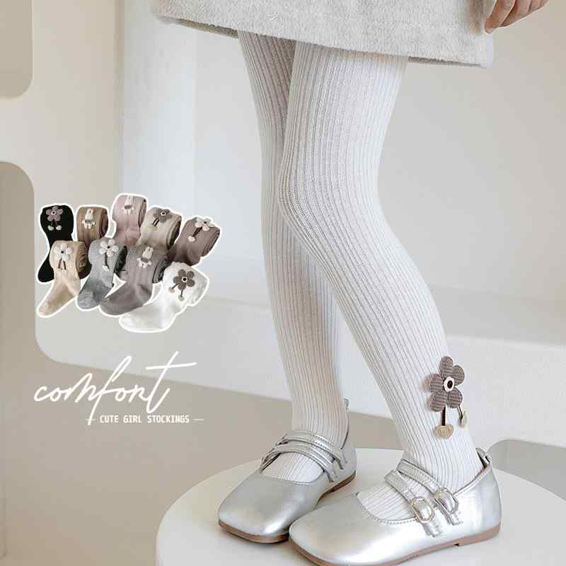 レギンス キッズ 女の子 子供服 サイドフラワーモチーフ付き リブ編み コットン混紡 通気性 吸汗性 ホワイト ベージュ ブラック グレー ピンク系