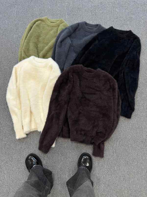 Knit Sweater - ニット メンズ ニットトップス 長袖 丸首 プルオーバー 柔らかい フェイクファー ポリエステル ブラック 杏色 カーキ グレー 秋冬