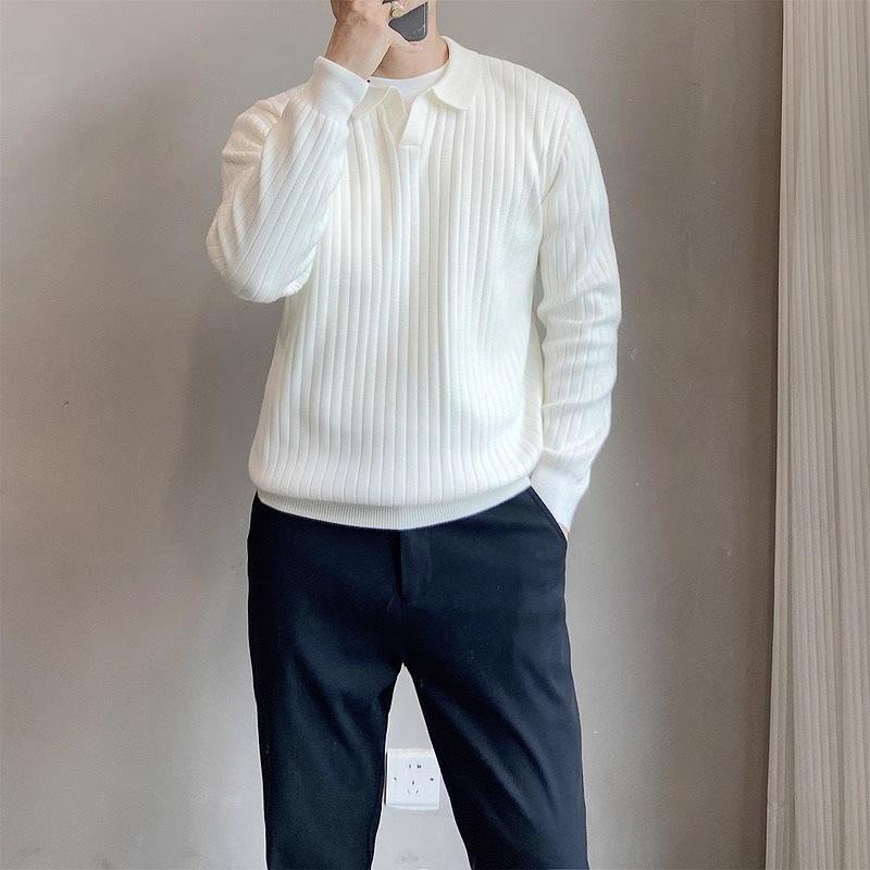 ニット メンズ 紳士用 ストライプ柄 長袖ポロシャツ風トップス 伸縮性 リブ編み 襟付き プルオーバー 春秋 カジュアル オフィスカジュアル 白 黒 茶色 カーキ グレー