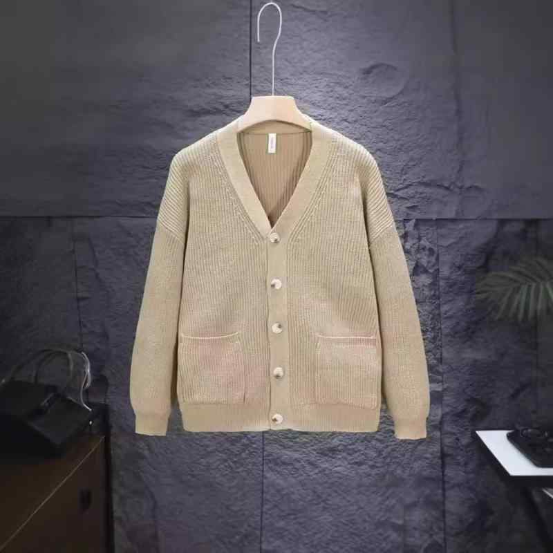 Knit Sweater - ニット カーディガン メンズ Vネック セーター 長袖 トップス 男性用 秋冬物 リブ 裾 ゆったりめ 羽織り物 黒 紺色 コーヒー色 カーキ色
