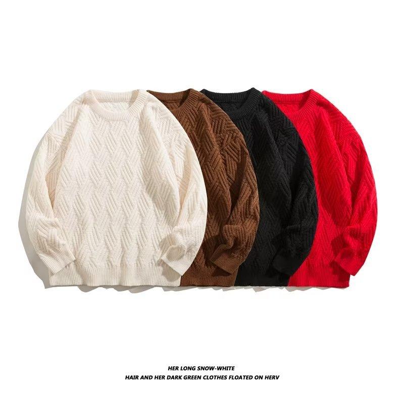 Knit Sweater - ニット メンズ 麻の葉柄 ケーブルニット セーター トップス プルオーバー ラウンドネック 秋冬 春 スプリングニット ゆったり 普段使い ブラック ブラウン ベージュ レッド