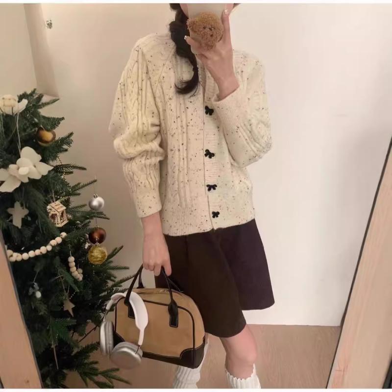 Long-Sleeved Knit - ニット カーディガン レディース 韓国風 Vネック 蝶結び デザイン ポリエステル 長袖 トップス アウター 白色 ピンク系 赤色 カーキ色 普段使い 通勤 快適 休闲