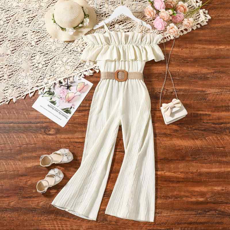 キッズ 女の子 オールインワン サロペット ポリエステル 花柄 フリル 8歳 9歳 10歳 11歳 12歳 中大童 夏 ノースリーブ ギャザー 杏色