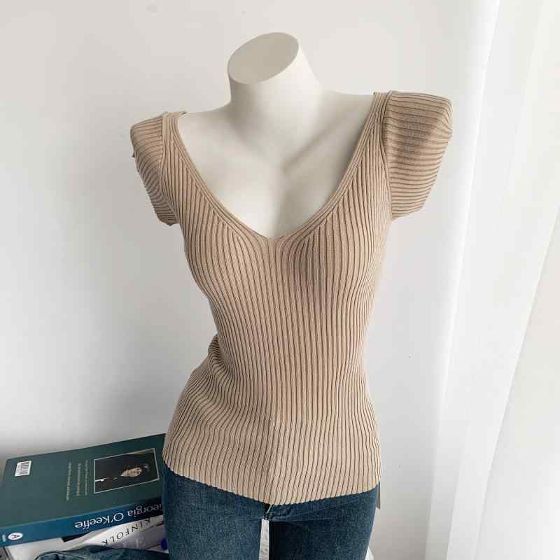 Tシャツ レディース Vネック ニット スリム 半袖 伸縮性 無地 トップス カットソー サマーニット 薄手 ..
