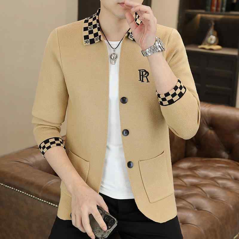 ニット メンズ カーディガン 長袖 春秋 韓国風 ポリエステル 混紡 翻襟 トップス 羽織り カジュアル スタイル ブラック グレー カーキ