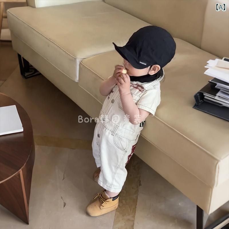 シャドーテールの子供用パンツ オーバーオール ショートパンツ ベビー服 夏服 薄手 デニム コットン 中童 ホワイト 無地 カジュアル 80cm 90cm 100cm 110cm 120cm 130cm 140cm 150cm 160cm｜アングル2