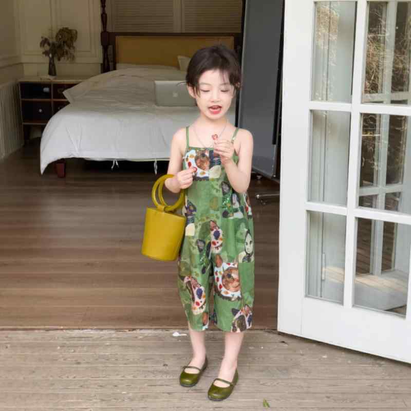 Girls' Kids' Clothing: Overalls/Shorts, Korean Style, Cotton, Summer, Ages 2, 3, 4, 5, 6, 7, Green, Cute Animal Print, Mid-Waist