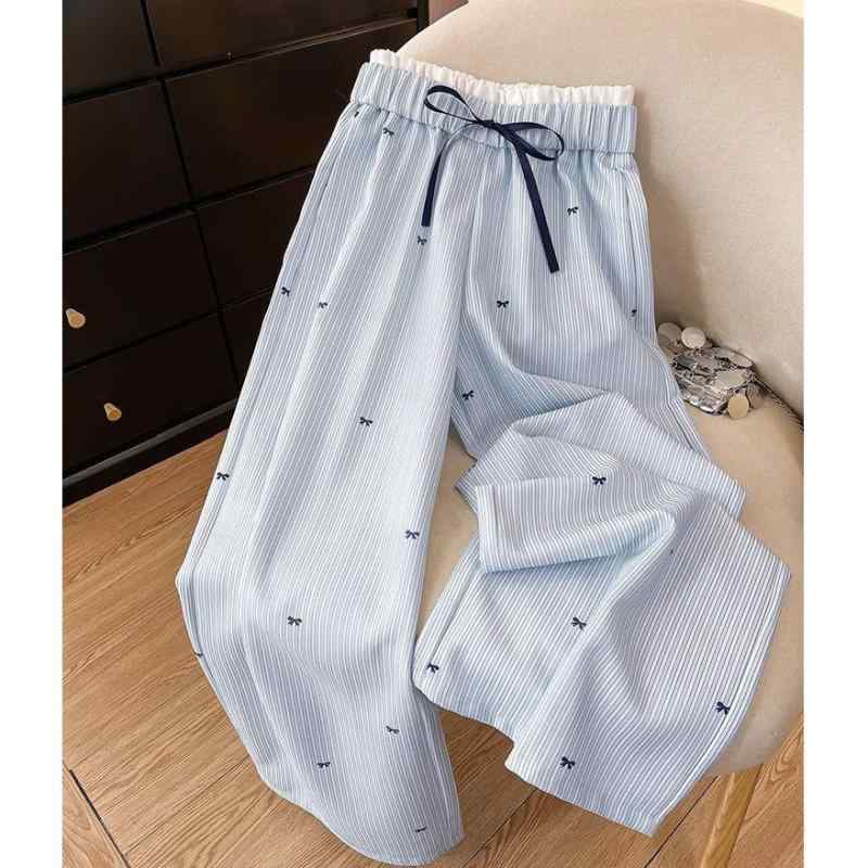 パジャマ レディース ズボン ブルー ストライプ柄 高 elasticウエスト ゴムウエスト 蝶結び プリント柄 ゆったり 大きいサイズ ルームウェア ポリエステル 春夏