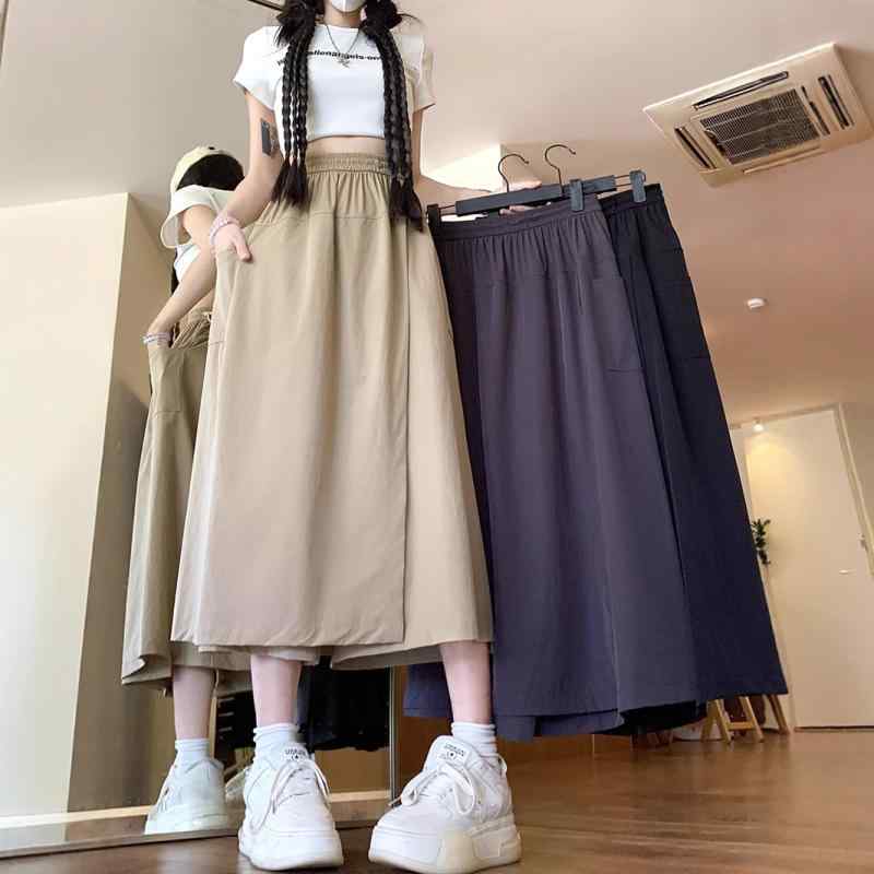 スカート レディース 2025春夏 キュロットパンツ ワイドレッグパンツ 高見え 接触冷感 伸縮性 ミモレ丈 ゆったりサイズ グレー 黒 ベージュ