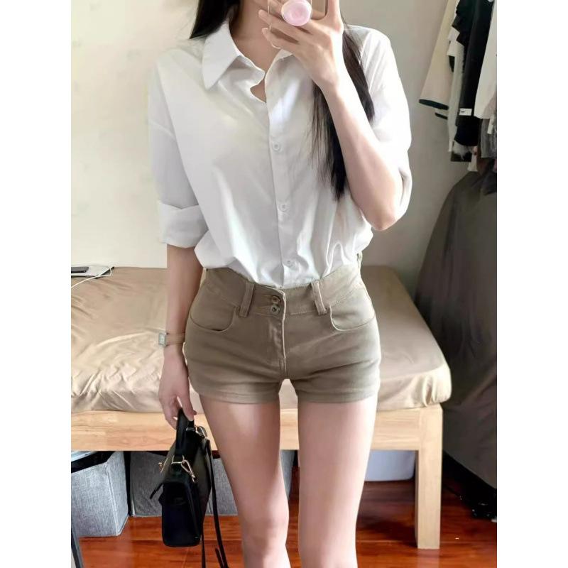 デニム ショートパンツ レディース カーキ色 スキニー スリム ハイウエスト ストレッチ ホットパンツ 春夏 カジュアル スタイル