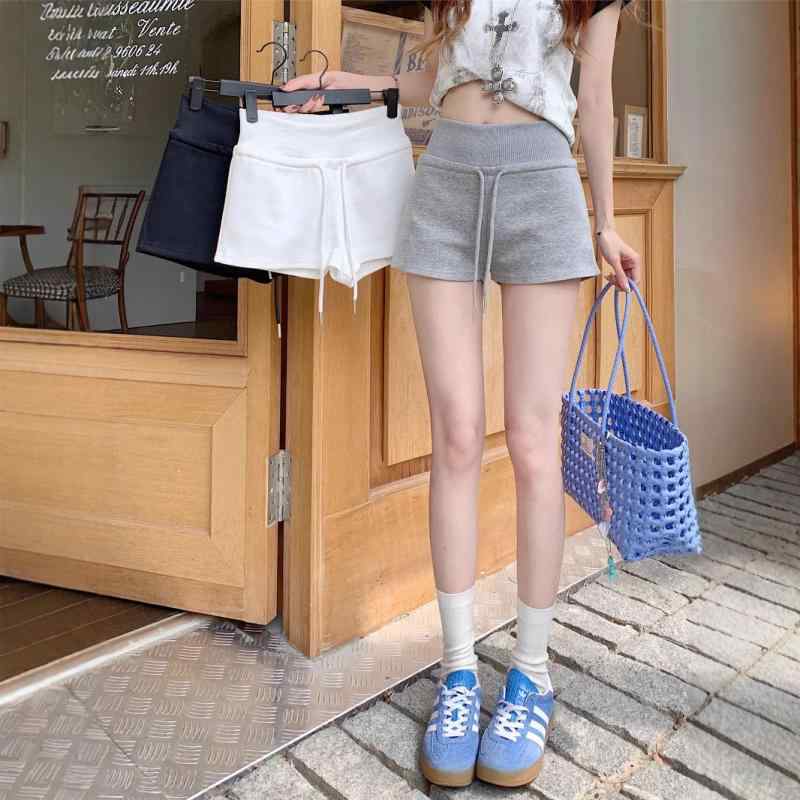 ショートパンツ レディース 高 ウエスト ドローストリング バッグヒップ スリム 薄手 グレー ホワイト ..