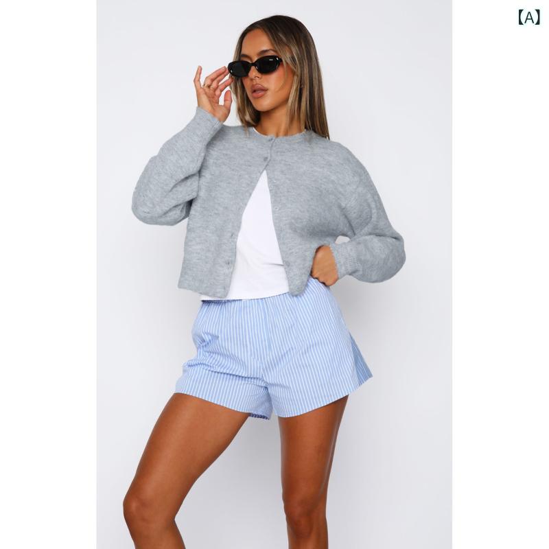 カーディガン レディース 婦人服 ニット 無地 シングルブレスト ショート丈 トップス カットソー 長袖 花灰色 ブラック レッド ピンク系 グレー ワインレッド 伸縮性