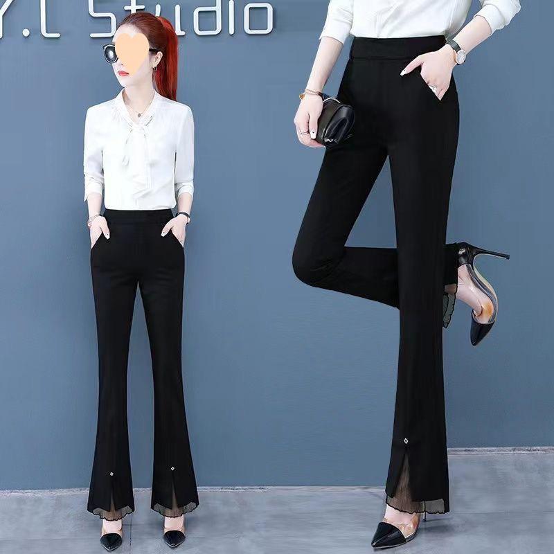 パンツ レディース 美脚効果 裾スリット入り ポリエステル ズボン ボトムス スラックス ハイウエスト スタイルアップ ロングパンツ カジュアル きれいめ オフィス 通勤 ブラック 黒 春夏
