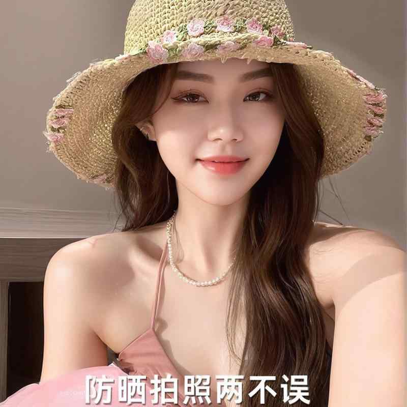 麦わら帽子 女性用 大帽檐 ビーチハット 漁夫帽 防晒 遮阳 編み込み 花柄 織りテープ ポリエステル かき ピンク 花 かき 青 花 米白 ピンク 花 米白 青 花 春夏 秋 かわいい スイート プリンセス 学院風 田園風 バケーション風 韓風 ナチュ
