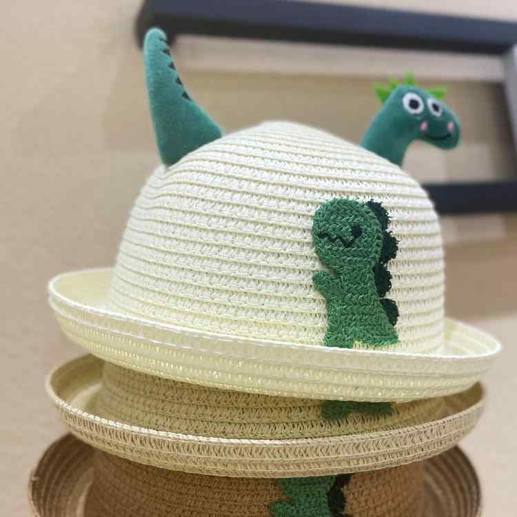 Hat - 子供 麦わら帽子 女の子 男の子 春夏 かわいい 恐龍 プリント 漁夫帽 スタイル 遮陽 防晒 帽子 ピンク 黄色 ベージュ 2-5歳 50-52cm サイズ 軽量 涼しい 素材 かわいい 動物 プリント 通気性 良い 夏 帽子 ベビー キッズ 帽子