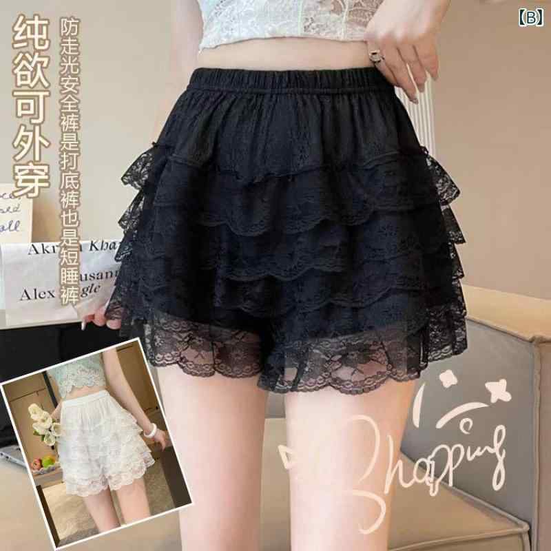 ショートパンツ レディース ぺチパンツ レース ポリエステル 接触冷感 薄手 ケーキスカート 3分丈 黒 白 ギャザー 裾フリル ふんわり 涼しい かわいい 3
