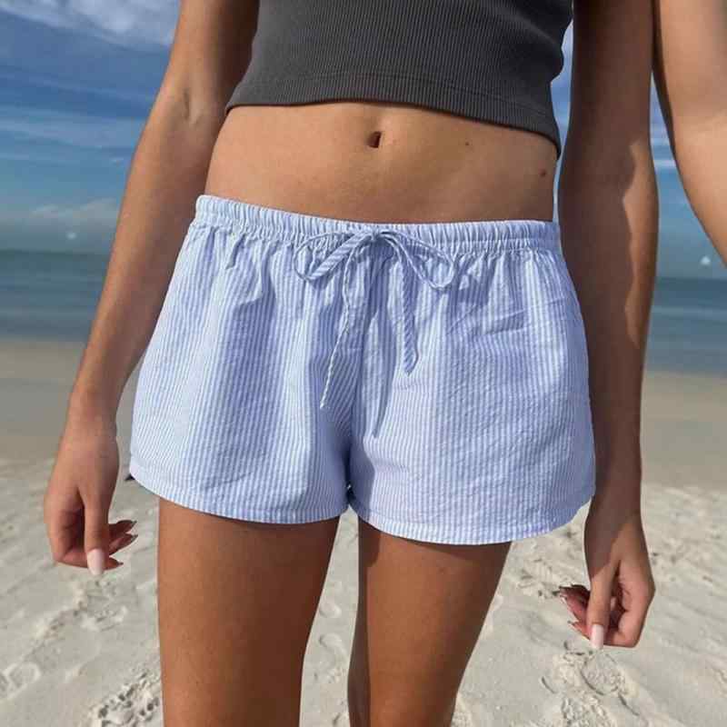 ショートパンツ レディース リゾート風 ストライプ柄 ポリエステル 伸縮性 ウエストゴム カジュアル 普..