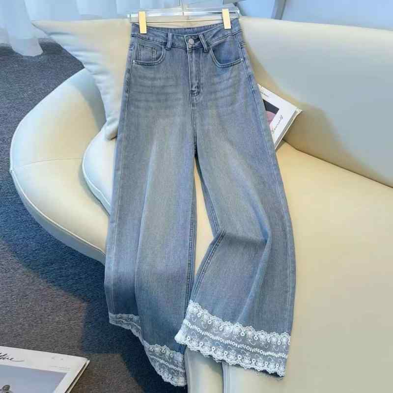 デニム レディース レース 高腰 直筒パンツ ブルージーンズ 薄手 ダメージ加工 ジーンズ ジーパン