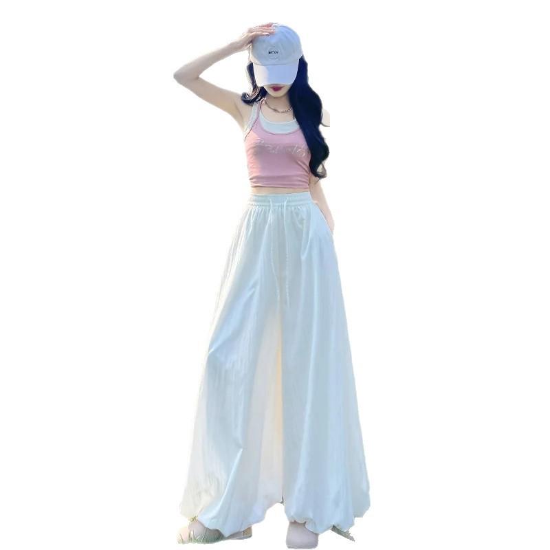 スカート レディース 高腰 ワイドパンツ ゆったり 9分丈 灯籠パンツ ポリエステル ピンク系 イエロー ..