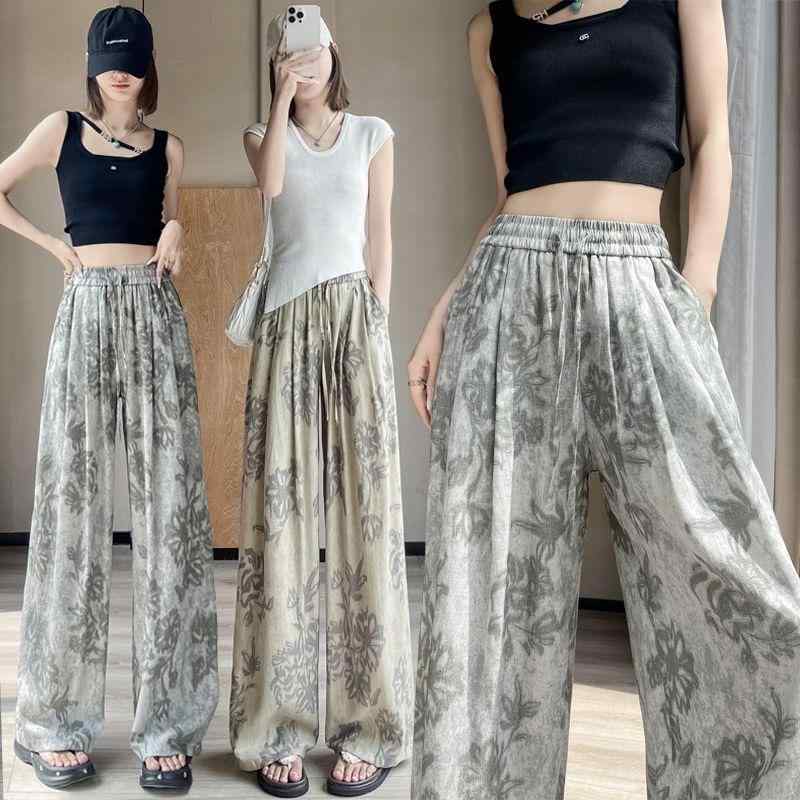 パンツ レディース レトロプリント柄 接触冷感 ワイドレッグパンツ 春夏 薄手 ゆったり 絞り染め プラスサイズ ストレート 快適