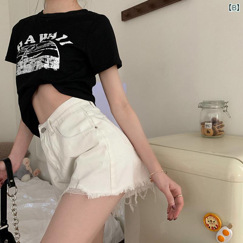 シャドーテールのショートパンツ レディース デニム ダメージ加工 ハイウエスト ゆったり ジーパン ホットパンツ 春夏 カジュアル 灰色 白 黒｜アングル3
