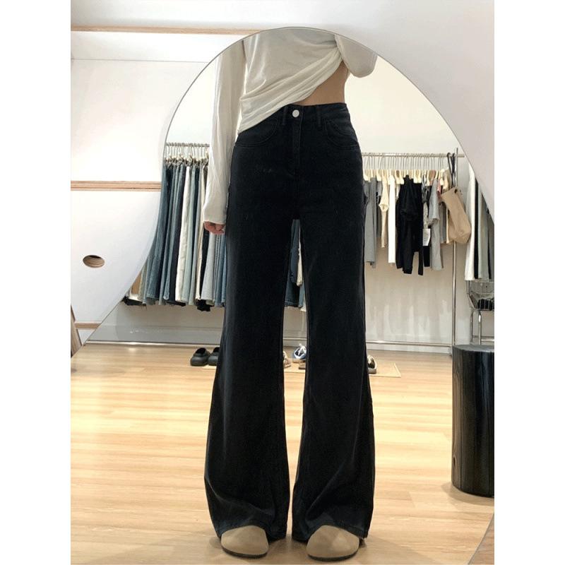 デニム レディース 高見え 黒 ワイドレッグパンツ 春秋 ハイウエスト スタイルアップ 美脚 ストレートパンツ ロングパンツ ウォッシュ加工 普段使い