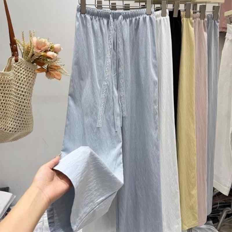 パンツ レディース 直筒パンツ 薄手 無地 レース ドローストリング ハイウエスト 落ち感 きれいめ カジュアル 通勤 韓国風 ブラック ピンク系