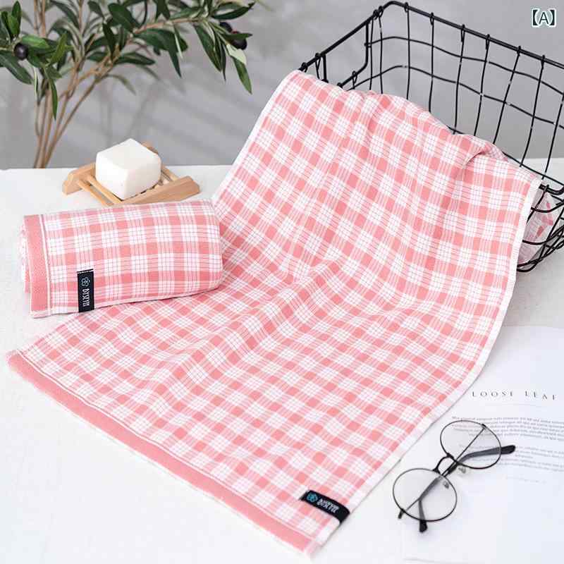 Towels, Handkerchieves - 毛巾 フェイスタオル 格子柄 柔軟 吸水 純綿 厚手 洗顔用 ピンク グレー 34x74cm 大人用 日系 シンプル