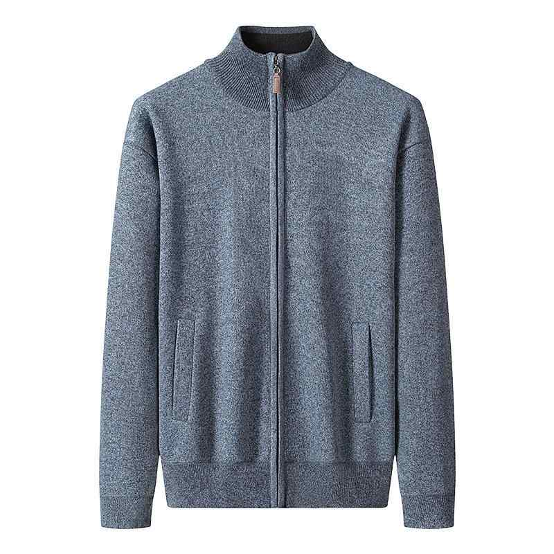 Knit Sweater - ニットカーディガン メンズ ニットジャケット 長袖 無地 シンプル カジュアル ビジネス 秋冬 厚手 スタンドカラー ポリエステル 普段使い トップス 羽織り ダークグレー 紺色 ブラック