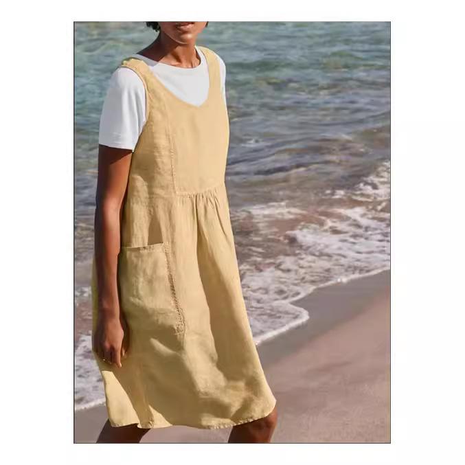 ワンピース レディース サロペット ノースリーブ ミモレ丈 コットン 無地 カ―キ 桃色 文芸風 レトロ かわいい ポケット ゆったり 普段使い リゾート