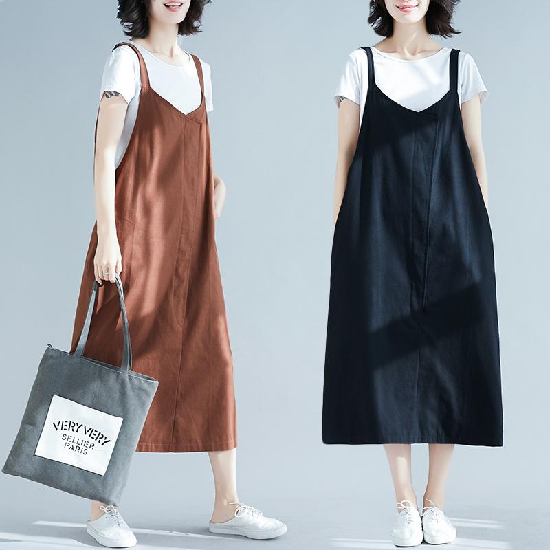 Rakuten - ワンピース レディース Vネック ノースリーブ コットンリネン ミモレ丈 ゆったり Aライン 無地 切り替え ブラック コーヒー色 普段使い 通勤 春夏