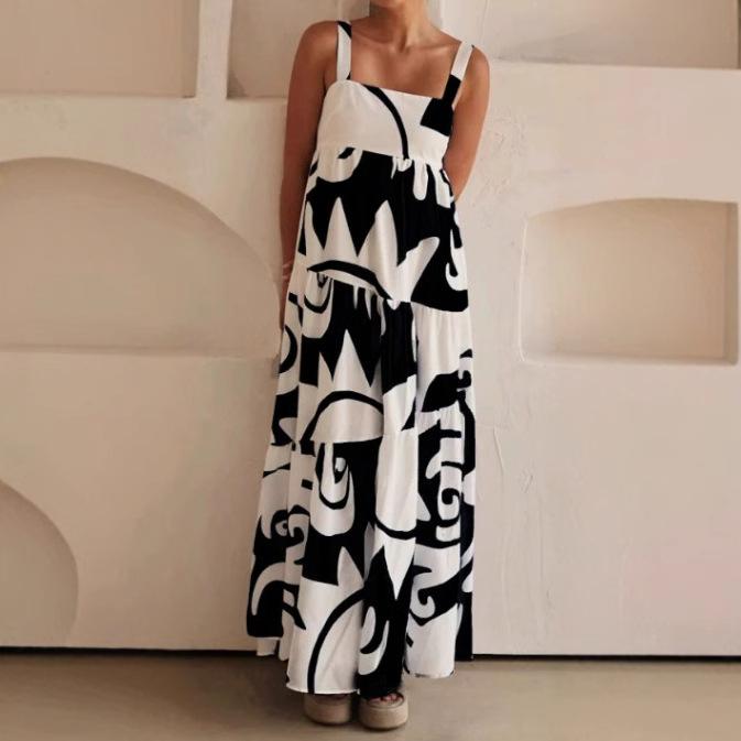 ワンピース レディース 春夏 吊りスカート ロング丈 吊り紐付き 高腰 Aライン 染料プリント ゆったり ..