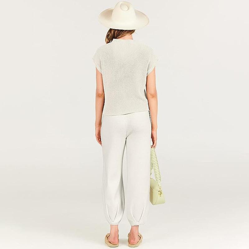 レディース ニット トップス セット ハイウエスト 九分パンツ ポケット 切り替え デザイン 涤纶 ポリエステル 素材 通勤 スタイル カジ..