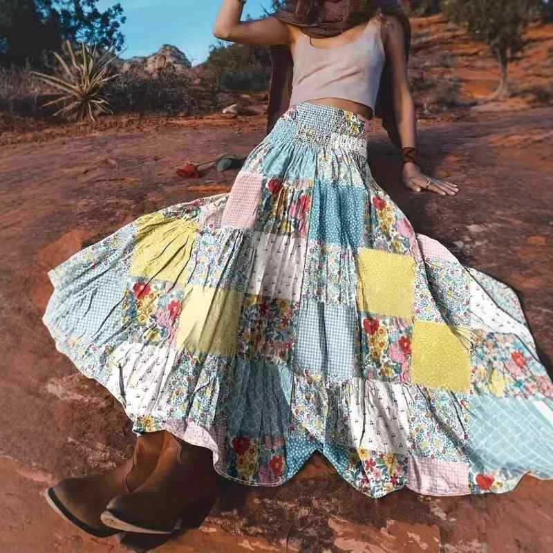 スカート レディース 花柄 プリント 切り替え ロングスカート ポリエステル 傘スカート 欧美風 日韓風 ..