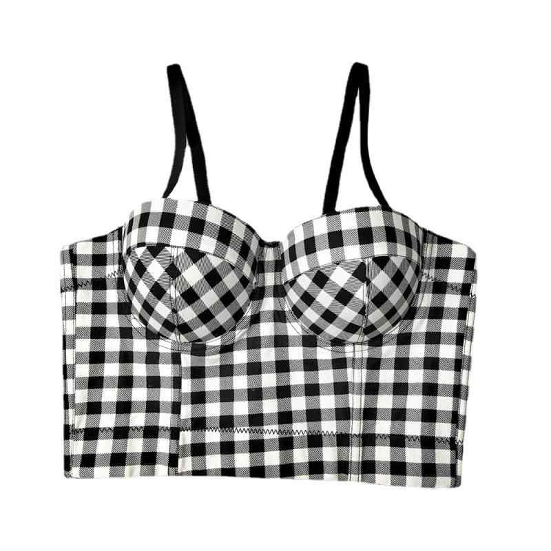 キャミソール レディース チューブトップ 格子柄 ショート丈 ポリエステル 肩紐取り外し可能 セクシー ..