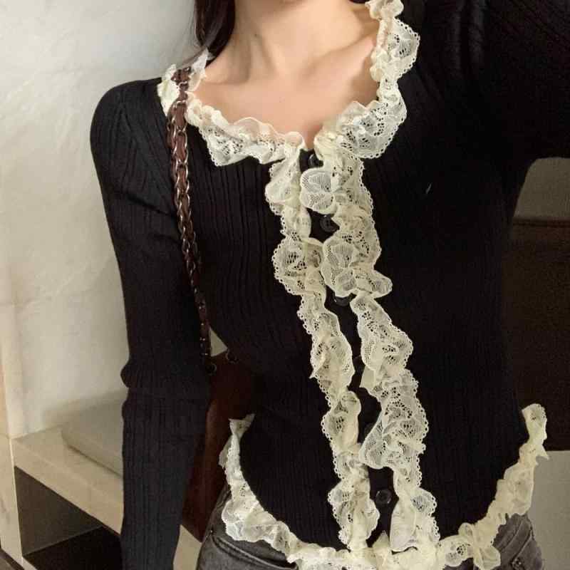 ニットカーディガン レディース Vネック レース 杏色 黒 長袖 秋冬 トップス 薄手 エレガント きれいめ かわいい(4)