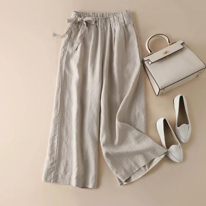 ワイドパンツ レディース 綿麻 コットンリネン 9分丈 接触冷感 涼しい 楽ちん ゴムウエスト ゆったり 文芸風 リラックス 無地 薄手 カジュアル カーキ ホワイト ブラック