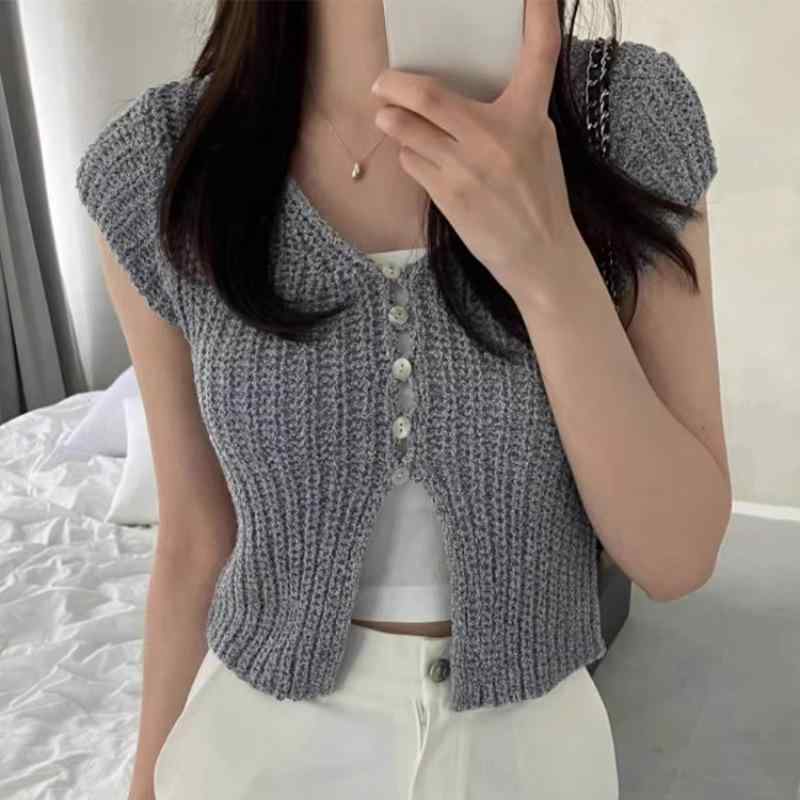 ニット レディース Vネック カーディガン トップス サマーニット 半袖 接触冷感 伸縮性 無地 薄手 ショート丈 グレー ブラック オフホワイト