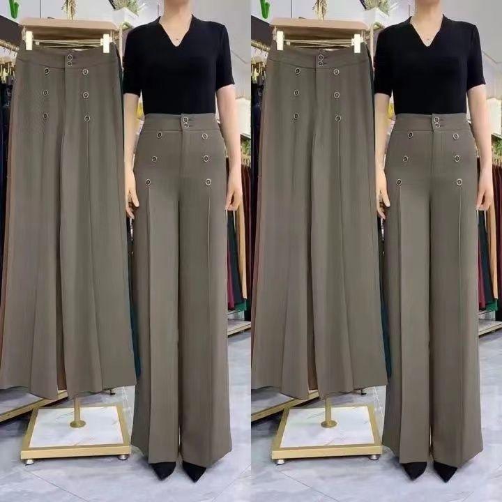 パンツ レディース ダブルブレスト ワイドレッグパンツ ハイウエスト ストレッチ 薄手 ルーズフィット 高見え ブラック 黒 コーヒー 珈琲色 グリーン 緑 ポリエステル 伸縮性 リラックス 普段使い