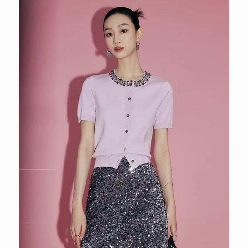 カーディガン レディース サマーニット 半袖 トップス ピンク系 钉珠 薄手 無地 ニットソー 通勤着 普段使い(4.0)