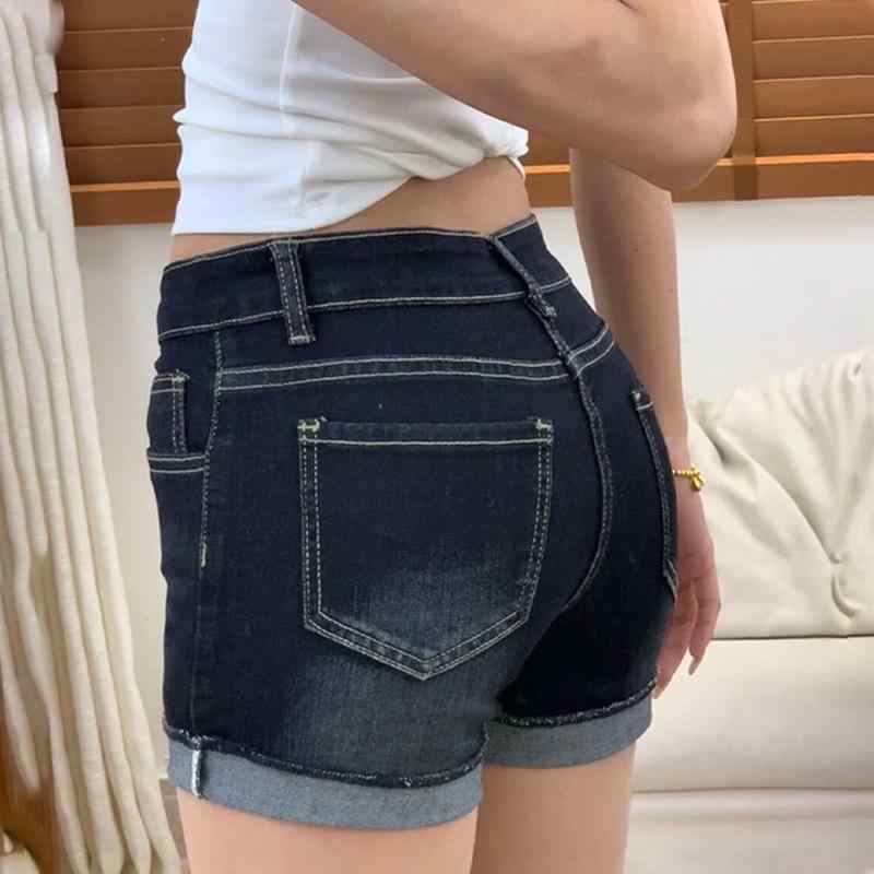 ホットパンツ レディース ストレッチ デニム ショートパンツ ハイウエスト ゆったり 深青色 ロールアッ..