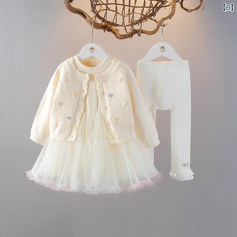 シャドーテールのワンピース 女の子 1歳 2歳 3歳 子供服 チュールスカート カーディガン 3点セット ベビー服 春秋 長袖 かわいい おしゃれ ピンク イエロー 66cm 73cm 80cm 90cm 100cm｜アングル3