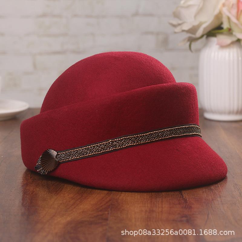 Hat - 礼帽 女性用 秋冬 保暖 顔映り 小鴨舌帽 英倫風 復古 ベレー帽 ファッション 百搭 羊毛 個性風 チェーン 短檐 黒 キャメル ワインレッド 暖か 冬用 帽子 スタイル アクセサリー