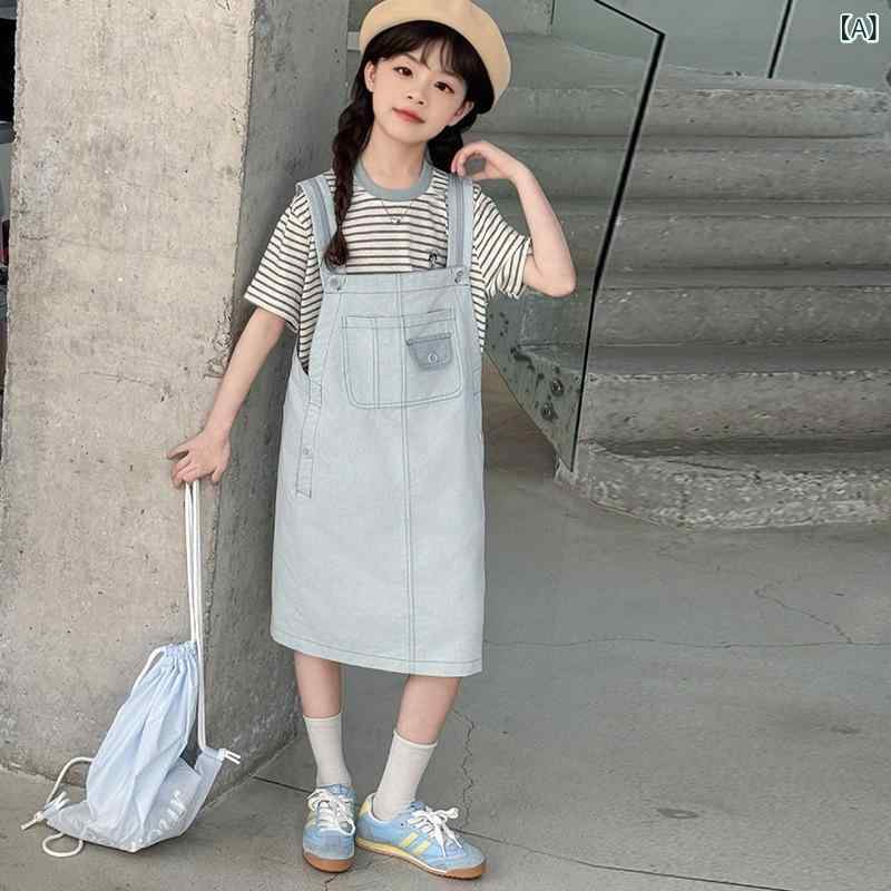 子供服 女の子 背 吊りスカート セットアップ 半袖 Tシャツ ストライプ柄 夏物 薄...